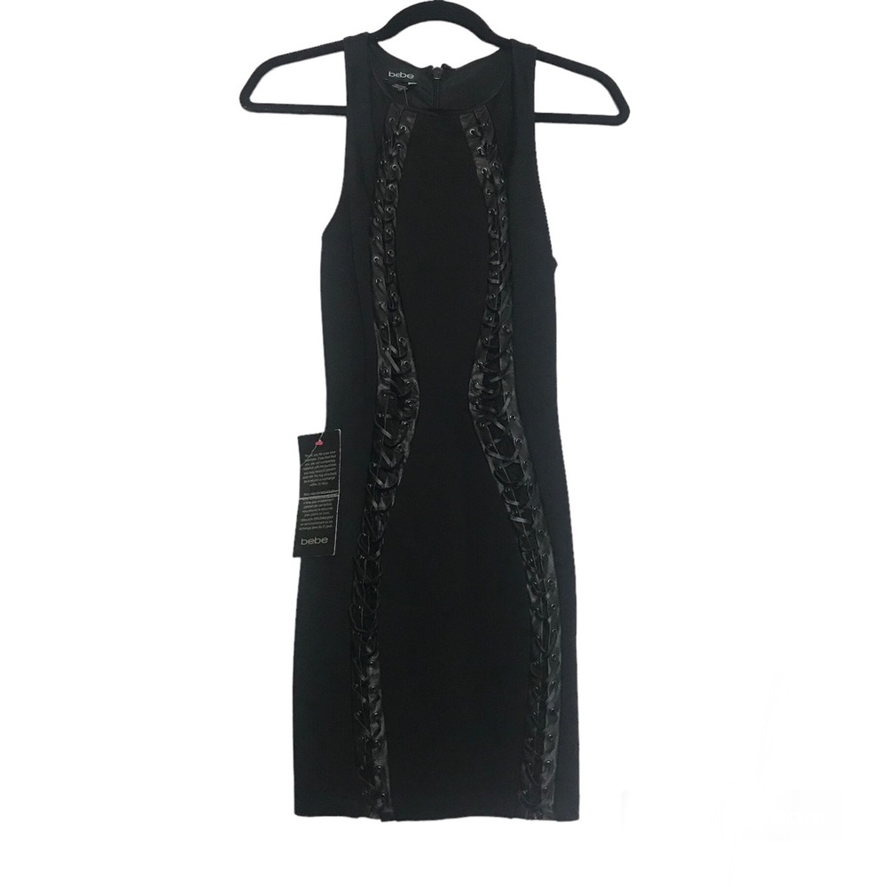 Bebe Y2K Black Faux Leather Lace Up Sleeveless Bodycon Dress Womens Small Goth